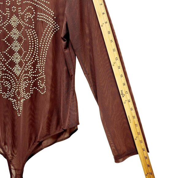Sheer Burgundy Bodysuit Embellishments Long Sleeve Mock Neck Stretch Fit IRIS 3X - Picture 9 of 10